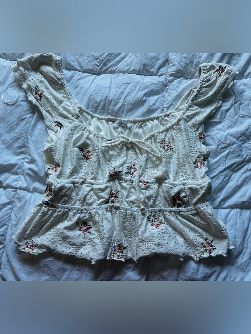 Women’s large Embroidered Eyelet Peplum Top - Cream with Pink Floral Accents